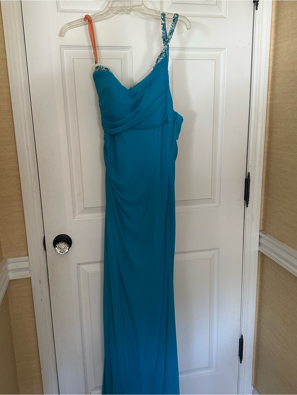 Faviana Couture Turquoise One-Shoulder Evening Gown with Beaded Straps